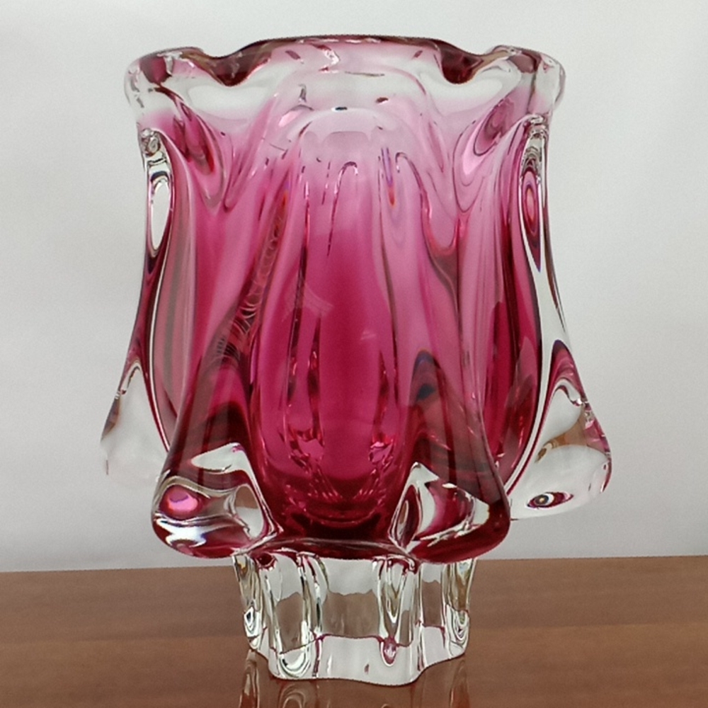 Vintage 1950s Czech bohemian cranberry art glass vase Jozeph Hospodka